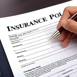 **Insurance Policy Agreement:** Depict a formal contract document labeled "Policy" being signed by a customer and an insurance agent, emphasizing the terms, coverage details, and the legal agreement aspect.