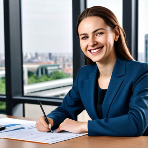 **

"A professional businesswoman in a modest business suit, sitting at a desk in a modern office, fully clothed, appropriate attire, safe for work, perfect anatomy, natural proportions, professional photography, high quality. The office has large windows with a cityscape view, and she is smiling confidently while reviewing documents."

**