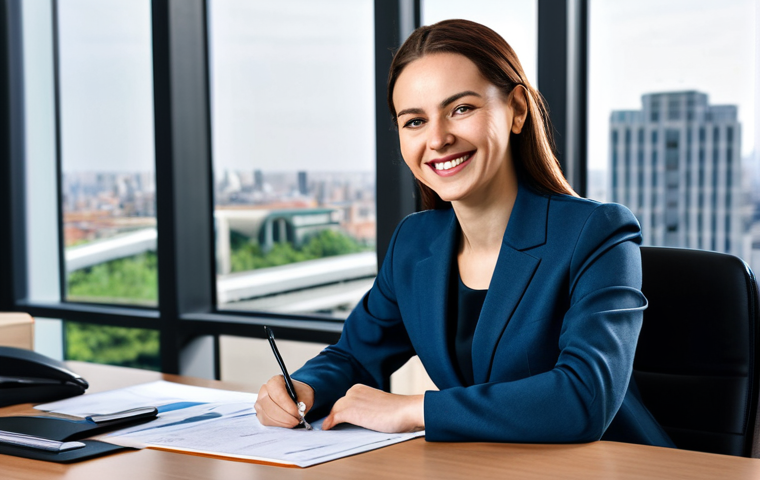 **

"A professional businesswoman in a modest business suit, sitting at a desk in a modern office, fully clothed, appropriate attire, safe for work, perfect anatomy, natural proportions, professional photography, high quality. The office has large windows with a cityscape view, and she is smiling confidently while reviewing documents."

**