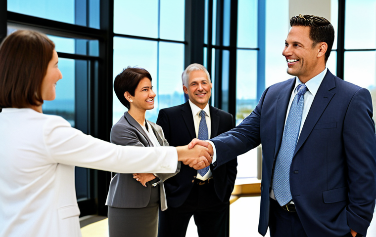 Professional Insurance Agent Networking**

"A fully clothed, professional insurance agent in appropriate attire, shaking hands with a potential client at a well-lit business conference. Modest clothing, safe for work, showcasing a diverse group of attendees in the background. Perfect anatomy, natural proportions, professional environment. Family-friendly."

**