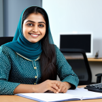 **

"A young woman, dressed in a modest, professional salwar kameez, is seated at a clean desk in a modern, well-lit office. She is smiling warmly and looking directly at the viewer. The background is a blurred office environment with colleagues working. Safe for work, appropriate content, fully clothed, professional, perfect anatomy, correct proportions, natural pose, well-formed hands, proper finger count, natural body proportions, high quality."

**