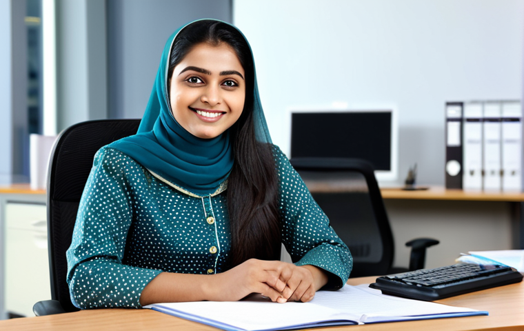 **

"A young woman, dressed in a modest, professional salwar kameez, is seated at a clean desk in a modern, well-lit office. She is smiling warmly and looking directly at the viewer. The background is a blurred office environment with colleagues working. Safe for work, appropriate content, fully clothed, professional, perfect anatomy, correct proportions, natural pose, well-formed hands, proper finger count, natural body proportions, high quality."

**