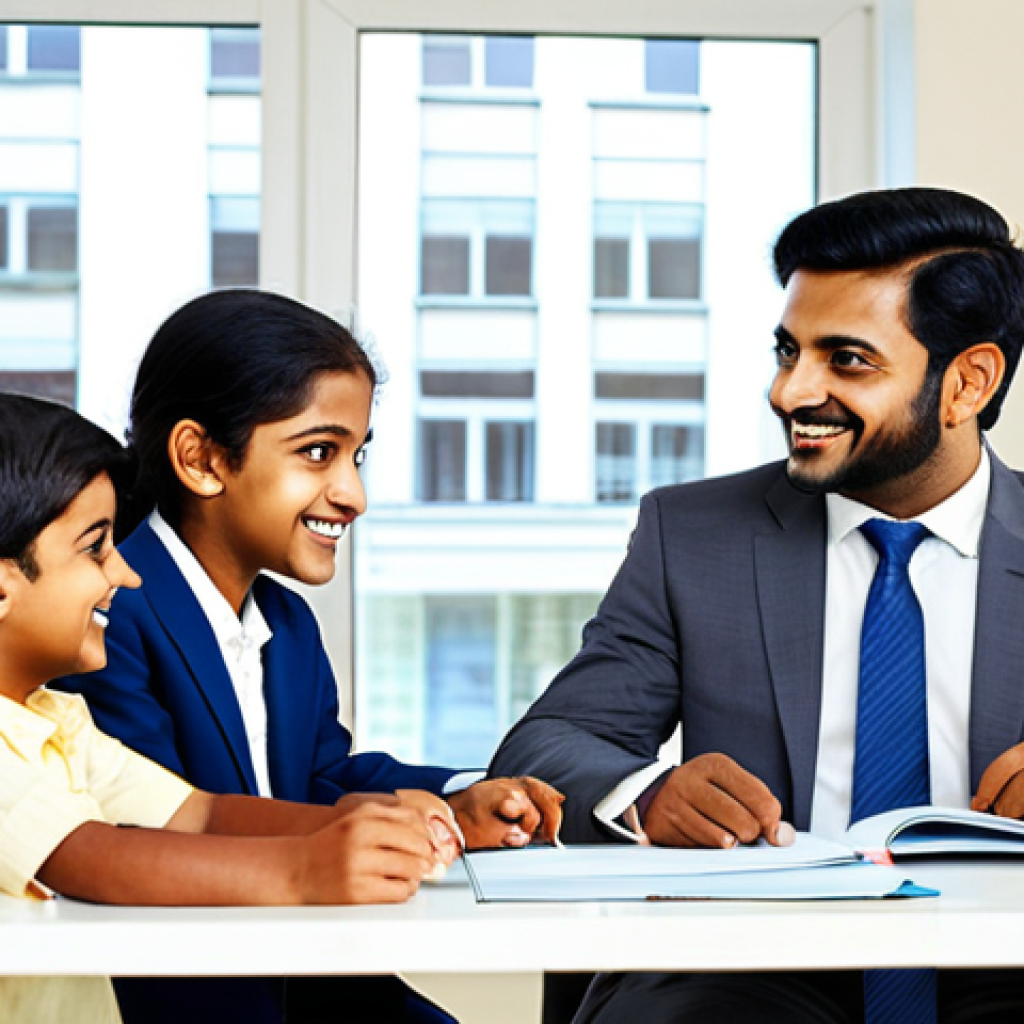 The Helpful Broker**
"A friendly and professional insurance broker, fully clothed in a modest business suit, sitting at a clean desk in a brightly lit office, advising a smiling Bengali family (parents and two children), safe for work, appropriate content, perfect anatomy, natural proportions, family-friendly image, high quality."
**