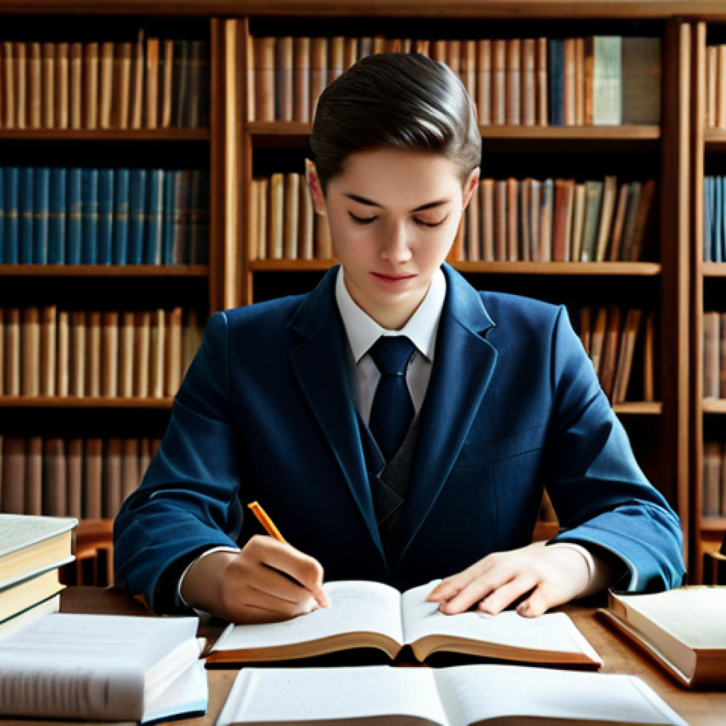 보험중개사 필기시험 대비의 핵심 - "A student, fully clothed in modest attire, studying diligently at a desk covered with books and not...