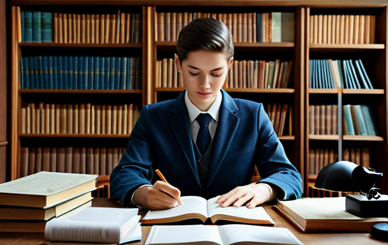 보험중개사 필기시험 대비의 핵심 - "A student, fully clothed in modest attire, studying diligently at a desk covered with books and not...