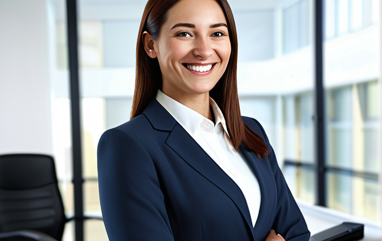 보험중개사와 관련된 고객 관계 관리 성공 사례 연구 분석 및 사례 - A professional female insurance advisor in a modern office setting, wearing a modest business suit, ...
