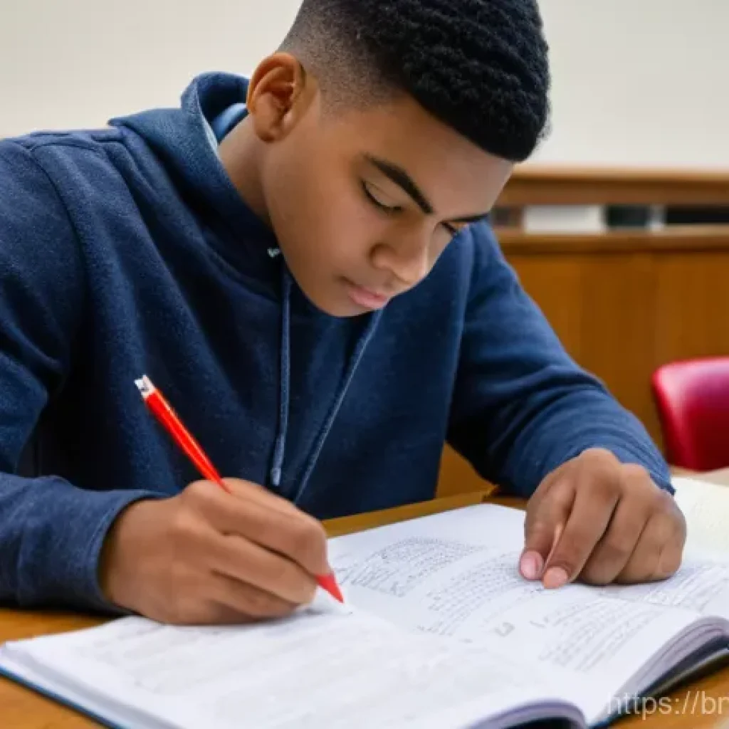보험중개사 자격시험 이론 공부법 - A focused young adult, approximately 18-22 years old, sits at a well-organized study desk. They are ...