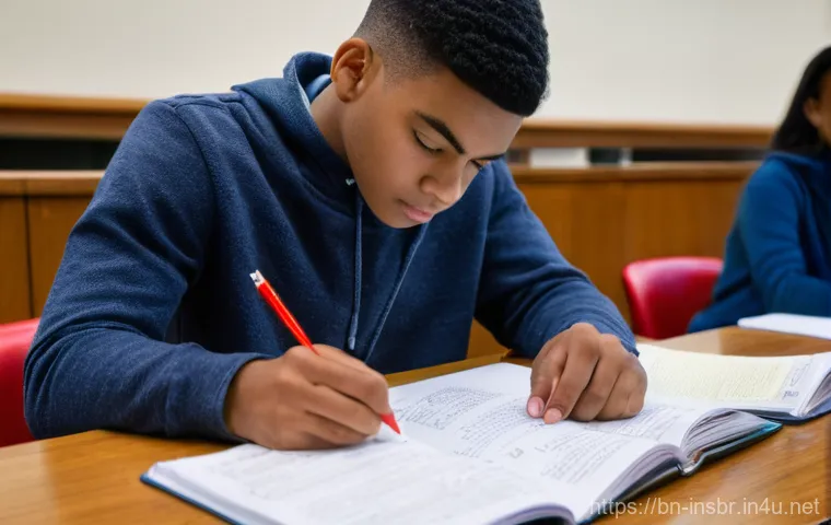 보험중개사 자격시험 이론 공부법 - A focused young adult, approximately 18-22 years old, sits at a well-organized study desk. They are ...