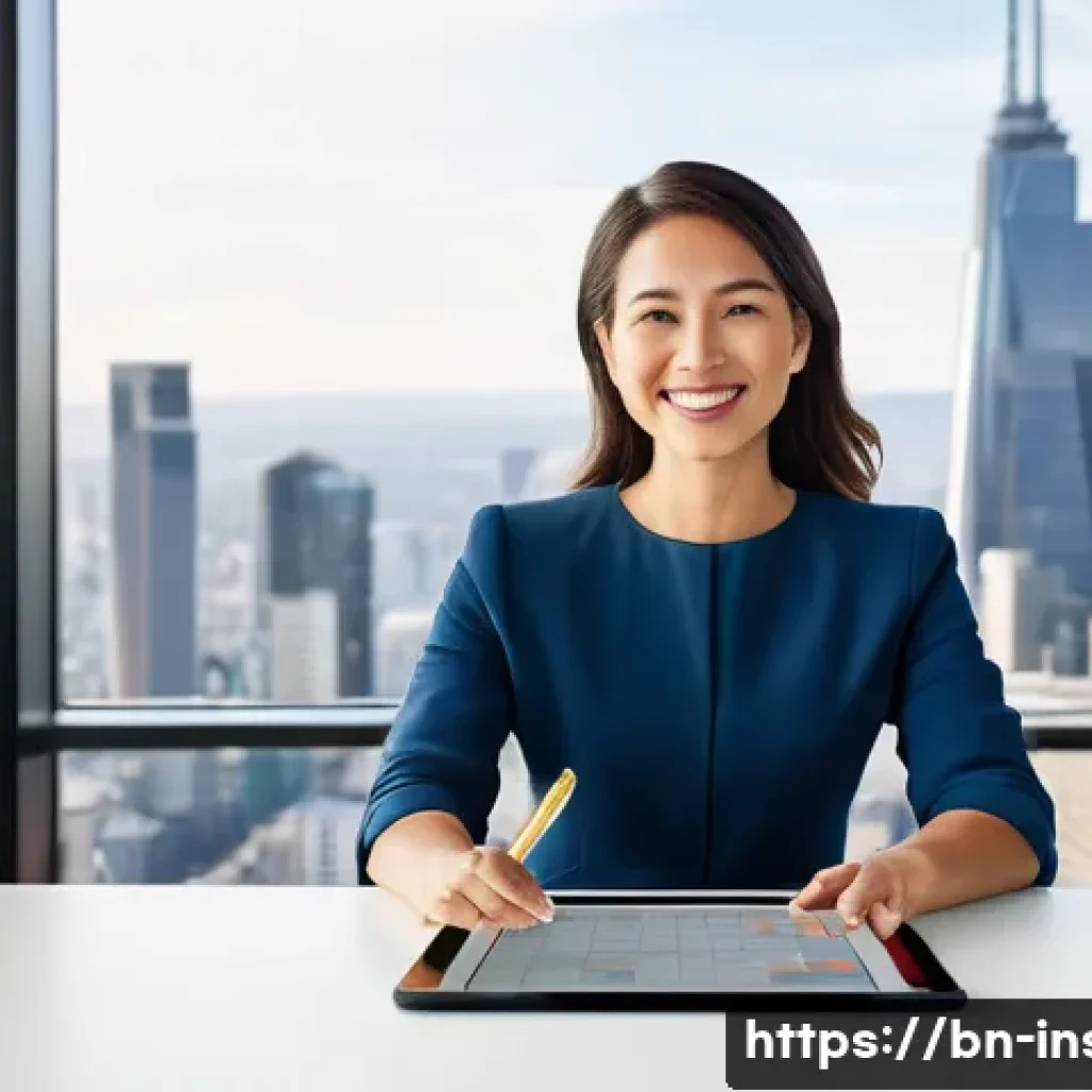 보험중개사와 관련된 고객 관계 관리 성공 사례 분석 및 연구 - **Prompt**: A professional and confident female insurance agent in her late 30s, dressed in smart bu...