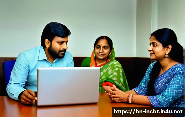 보험중개사 필수 공부 자료 아카이브 - A professional Bangladeshi insurance agent sitting at a modern office desk, engaging warmly with a m...