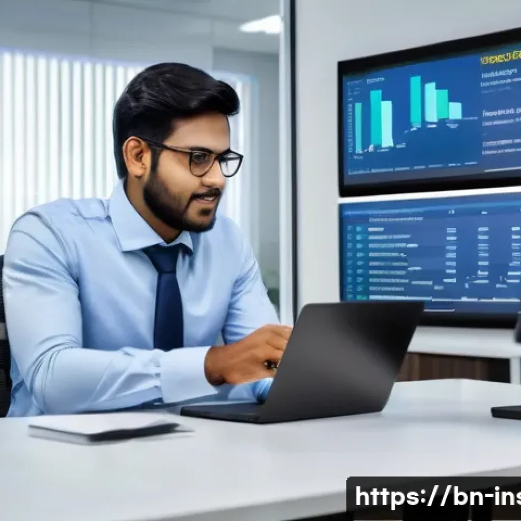 보험중개사와 재보험 산업 동향 - A modern digital insurance brokerage office scene in Bangladesh, featuring a young professional Beng...