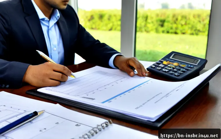 보험중개사 실무와 이론의 차이 - Photorealistic insurance broker at a clean modern desk, thoughtfully comparing a blank policy folder...